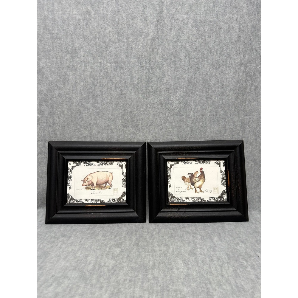 Farmhouse Pig and Chicken Art Prints Set of2 ‎ Matted Black Frames Danielson
